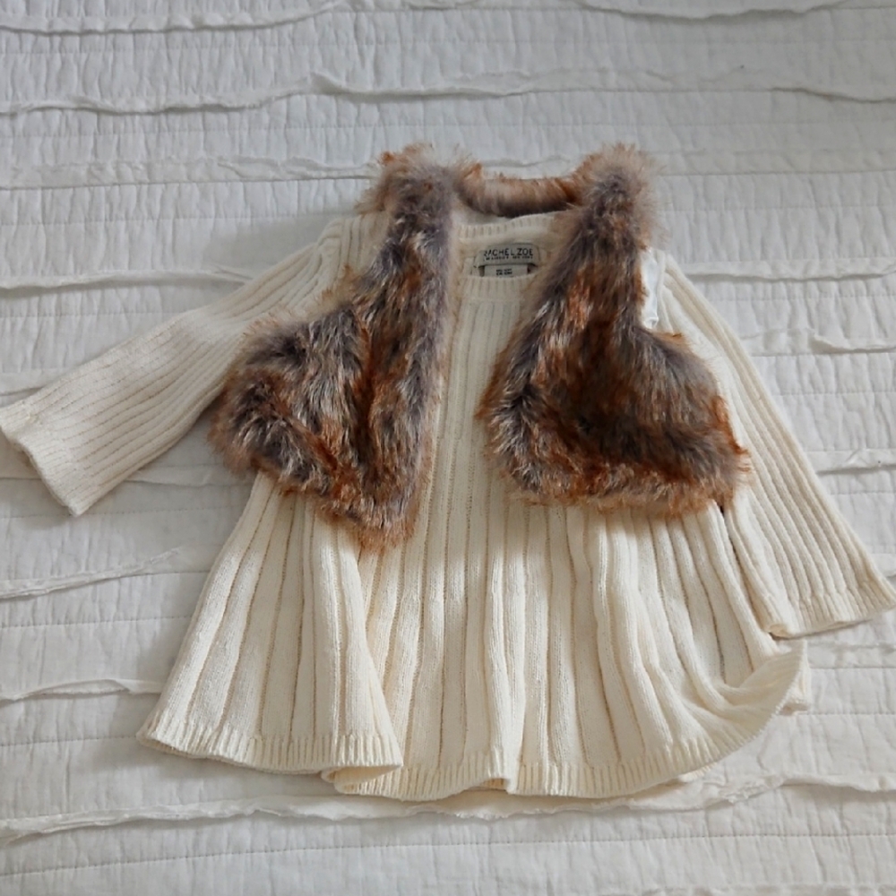 Rachel Zoe Cream Knit Set with Faux Fur Vest And Hat